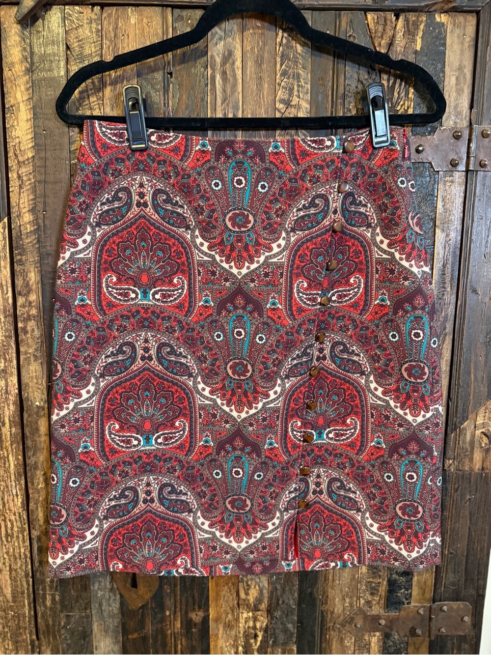 Talbots Petites Paisley Skirt 6P Red Teal Brown Button Front Lined Fall Office
